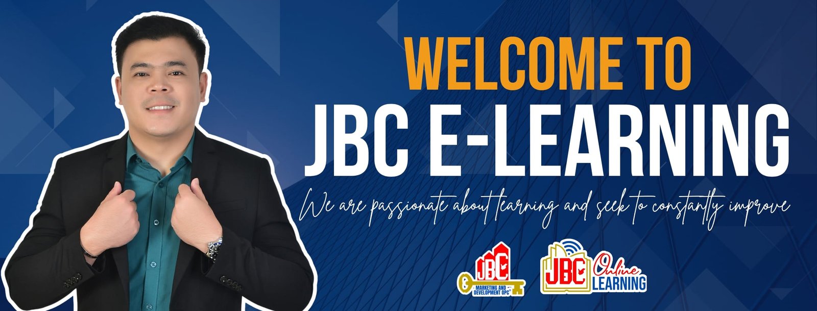High Resolution JBC E-Learning banner with the message "Welcome to JBC E-Learning" and the slogan "We are passionate about learning and seek to constantly improve."