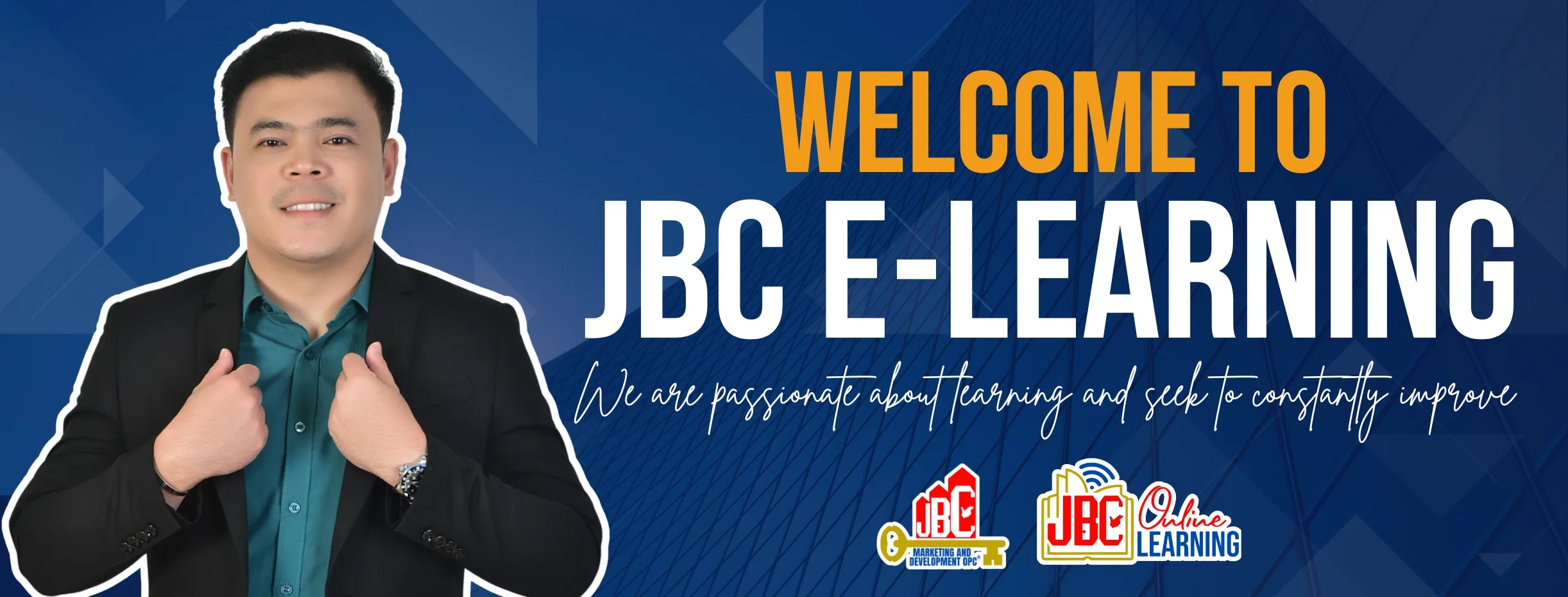 High Resolution JBC E-Learning banner with the message "Welcome to JBC E-Learning" and the slogan "We are passionate about learning and seek to constantly improve."